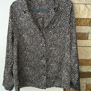 Pleione Women’s XL Button Down Blouse Tan/Black/White Long Sleeved GUC